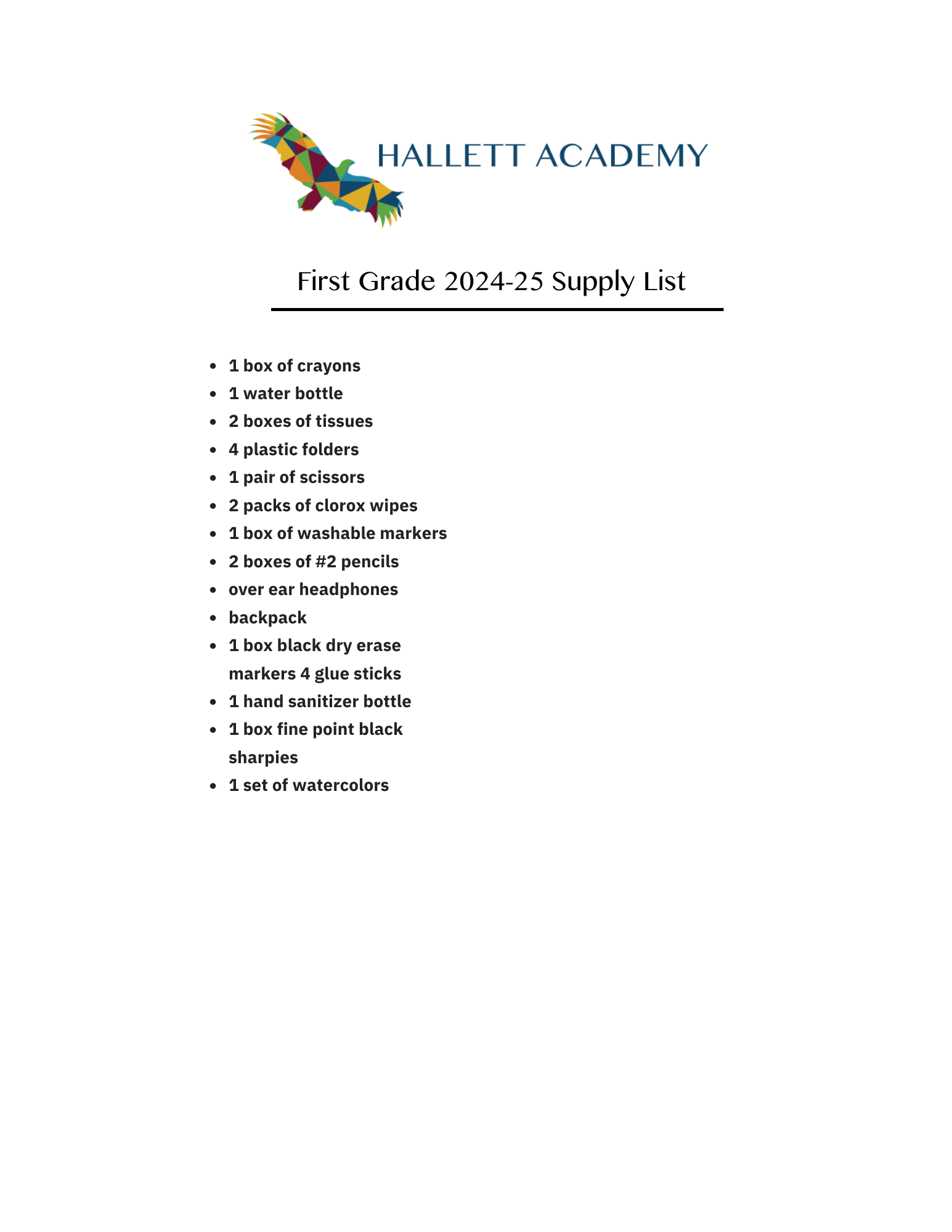 Hallett Academy » School Supplies Lists 2024/25